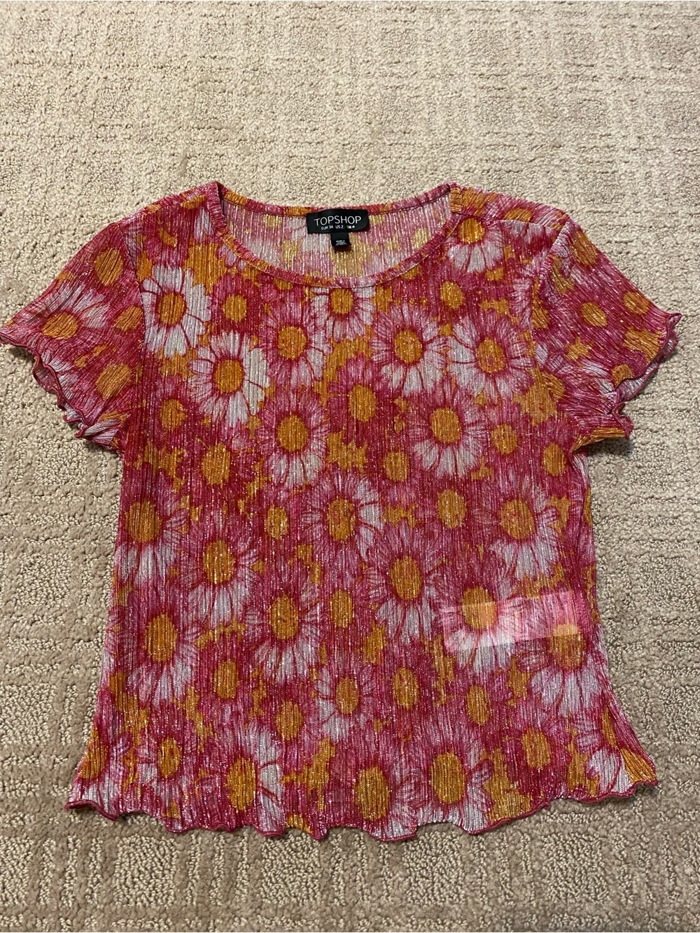 Topshop Floral Ribbed Sheer Short Sleeved Top ~ Size US 2/ EUR 34/ UK 6